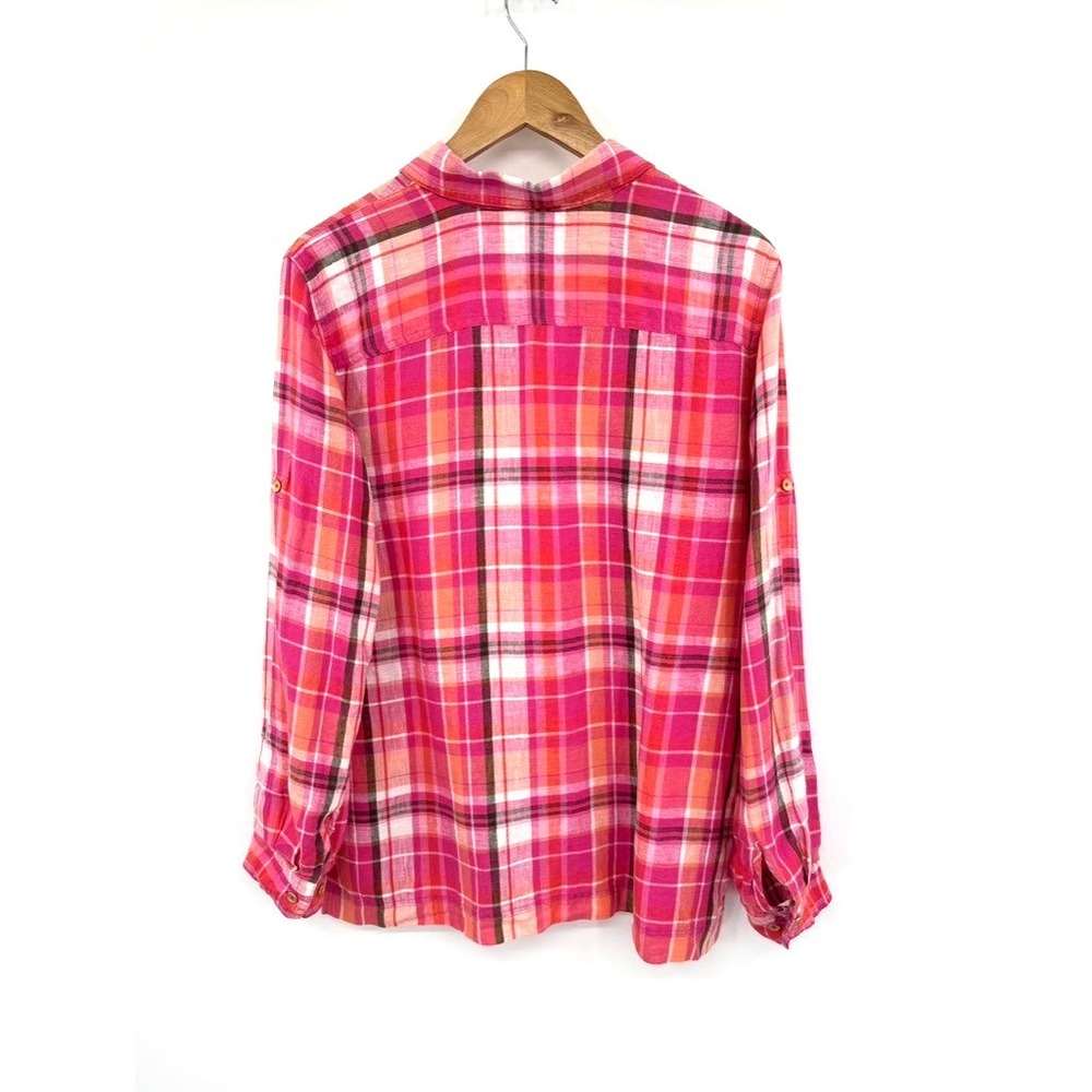 Jones New York Sport Shirt L 100% Linen Plaid Madras Button Front Preppy - Picture 5 of 12